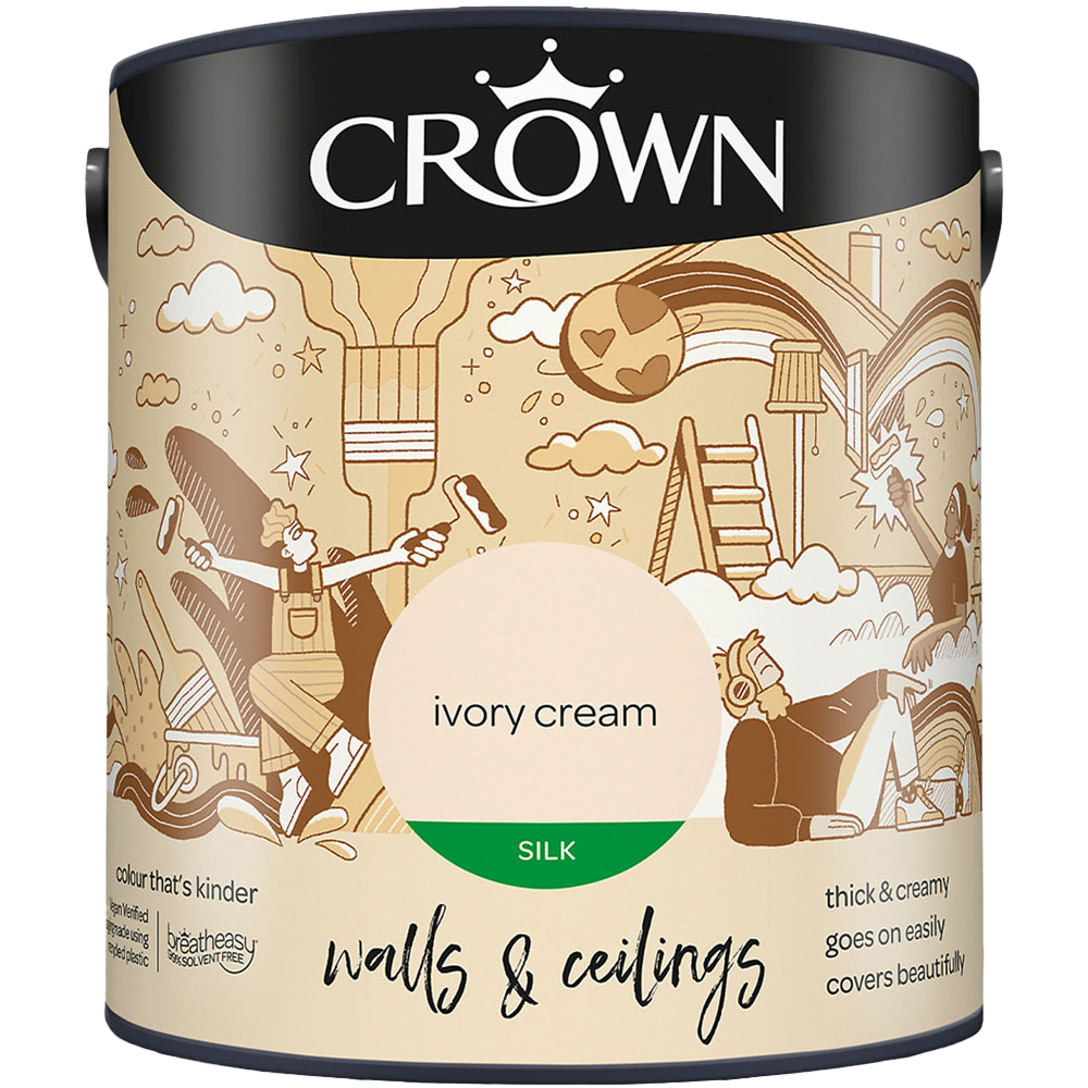 Crown Breatheasy Walls & Ceilings Ivory Cream Silk Emulsion Paint 2.5L Image 2