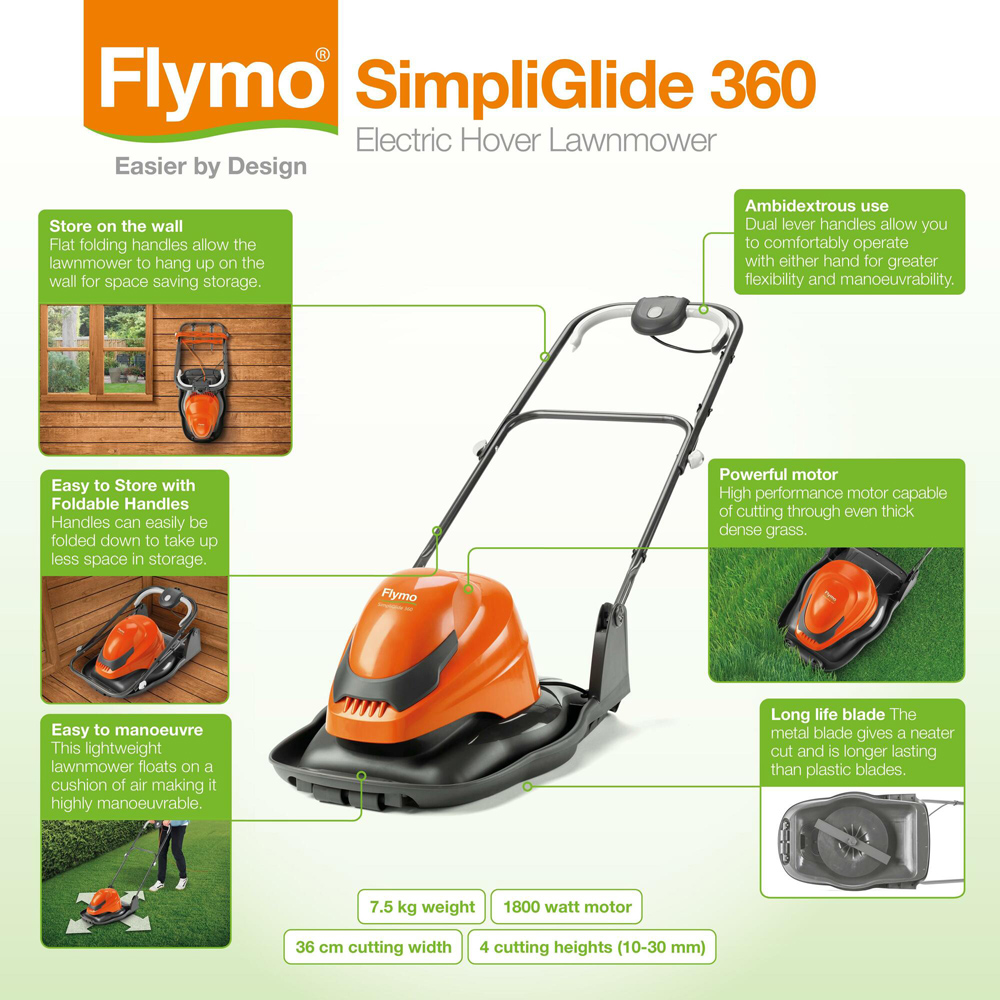 Flymo 9704828-01 1800W SimpliGlide 360 36cm Hover Electric Lawn Mower Image 9
