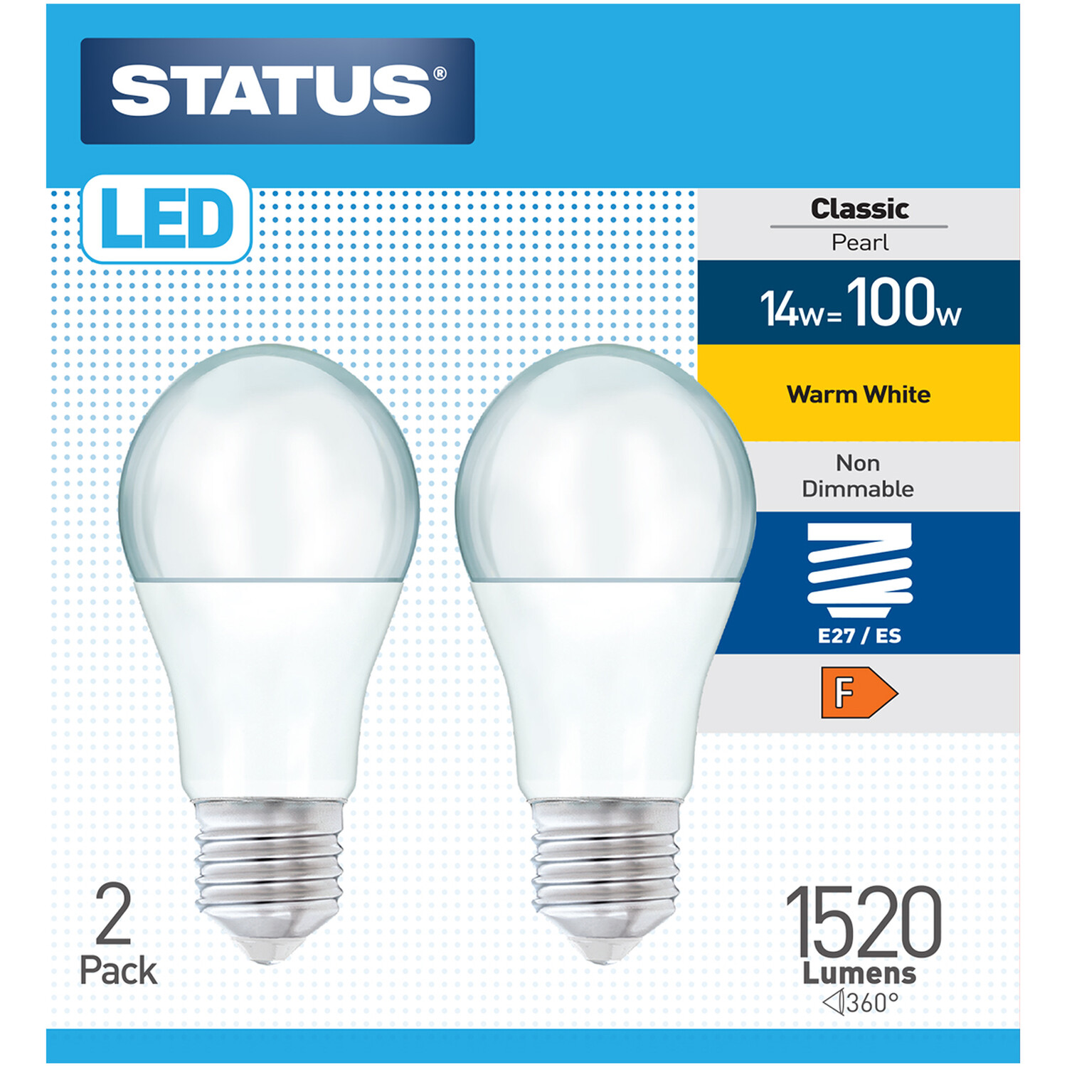 Pack of 2 Status LED 14W Non-Dimmable Classic Pearl Lightbulbs - Edison Screw / ES Image 1