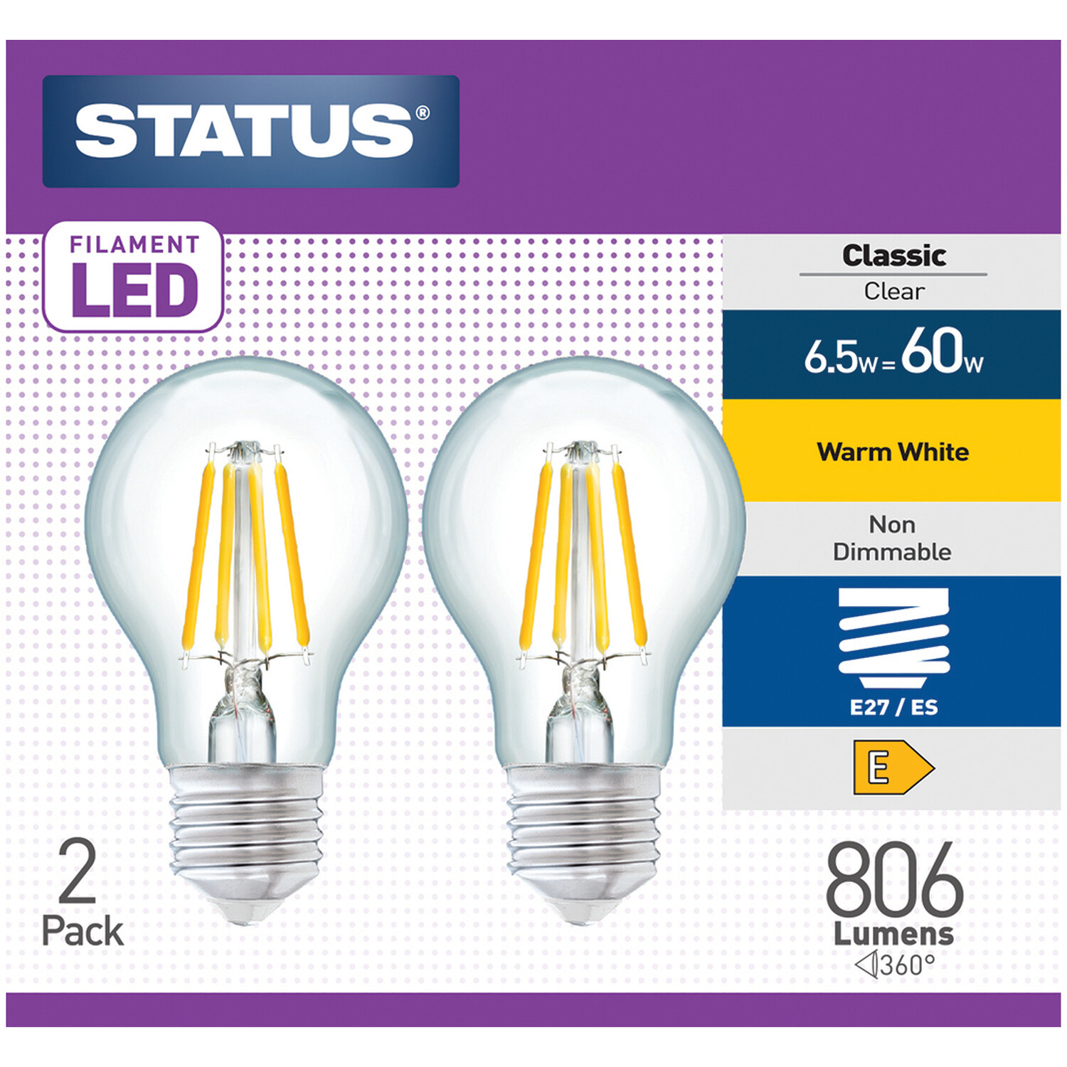 Pack of 2 Status Filament LED 6.5W ES Lightbulbs Image 1