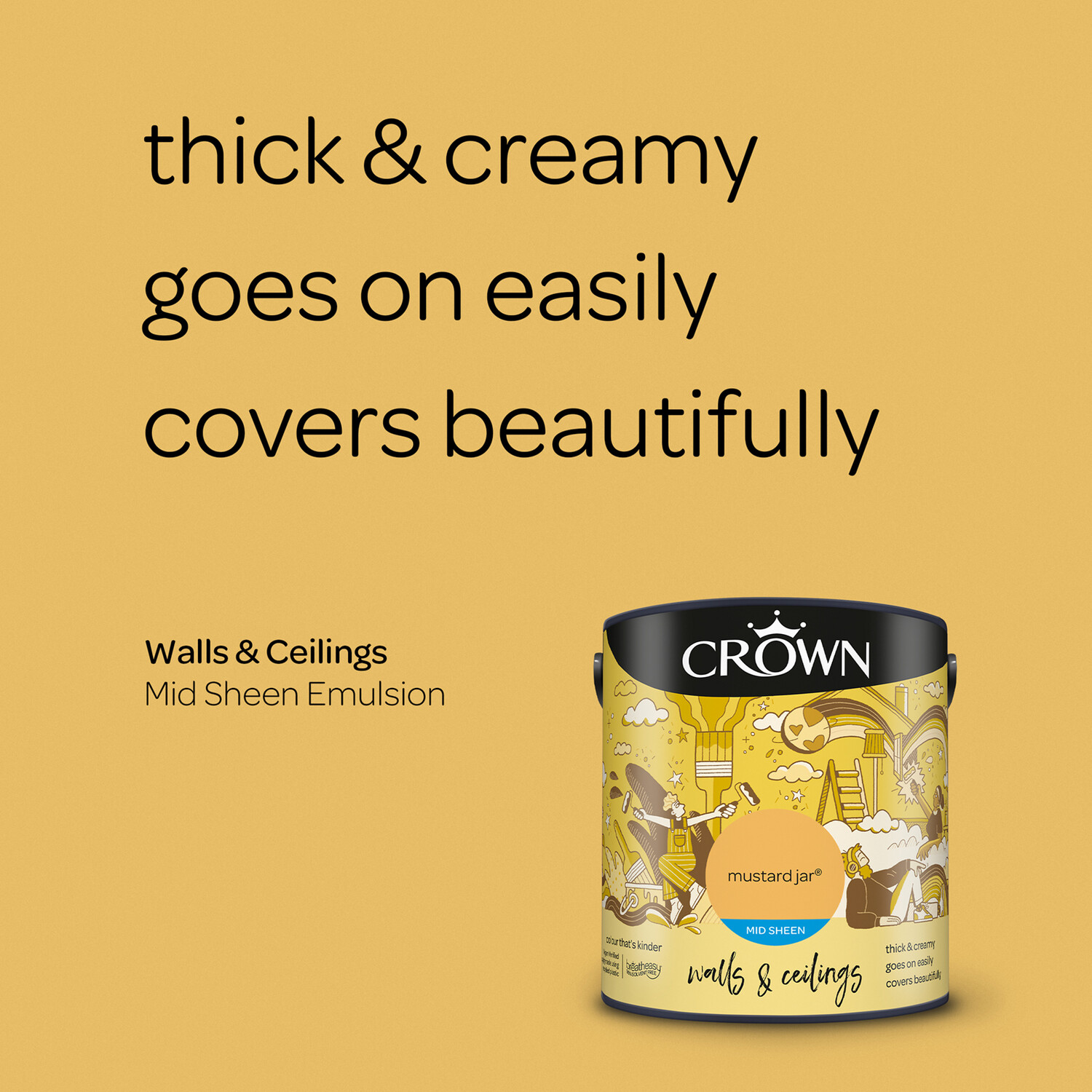 Crown Walls & Ceilings Mustard Jar Mid Sheen Emulsion Paint 2.5L Image 8