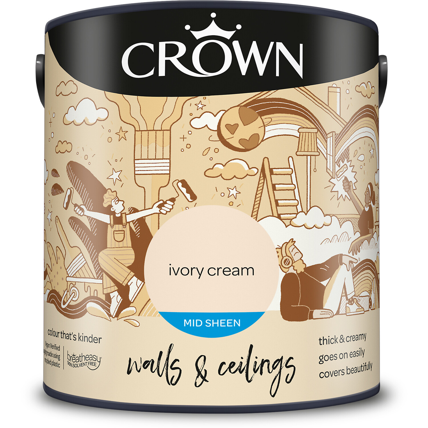 Crown Walls & Ceilings Ivory Cream Mid Sheen Emulsion Paint 2.5L Image 2