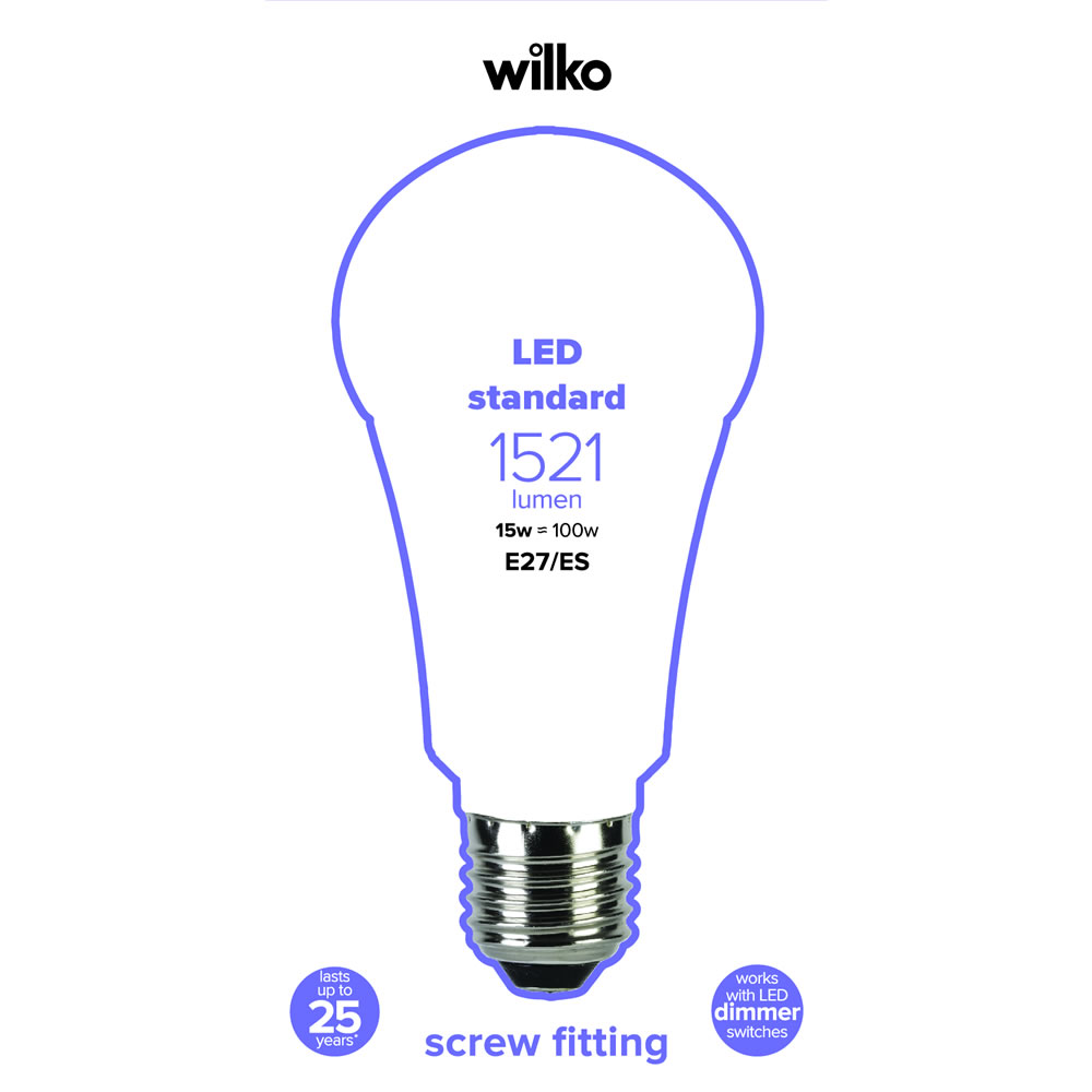 Wilko 1 pack Screw E27/ES LED 15W 1521 Dimmable GLS Light Bulb Image 2