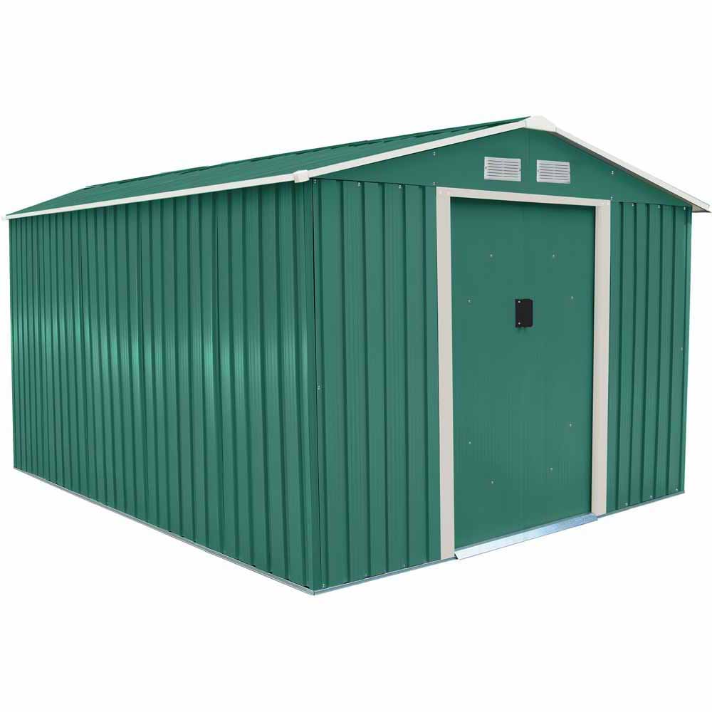 Charles Bentley 8 x 10ft Green Apex Metal Garden Shed with Floor Foundation Image 1