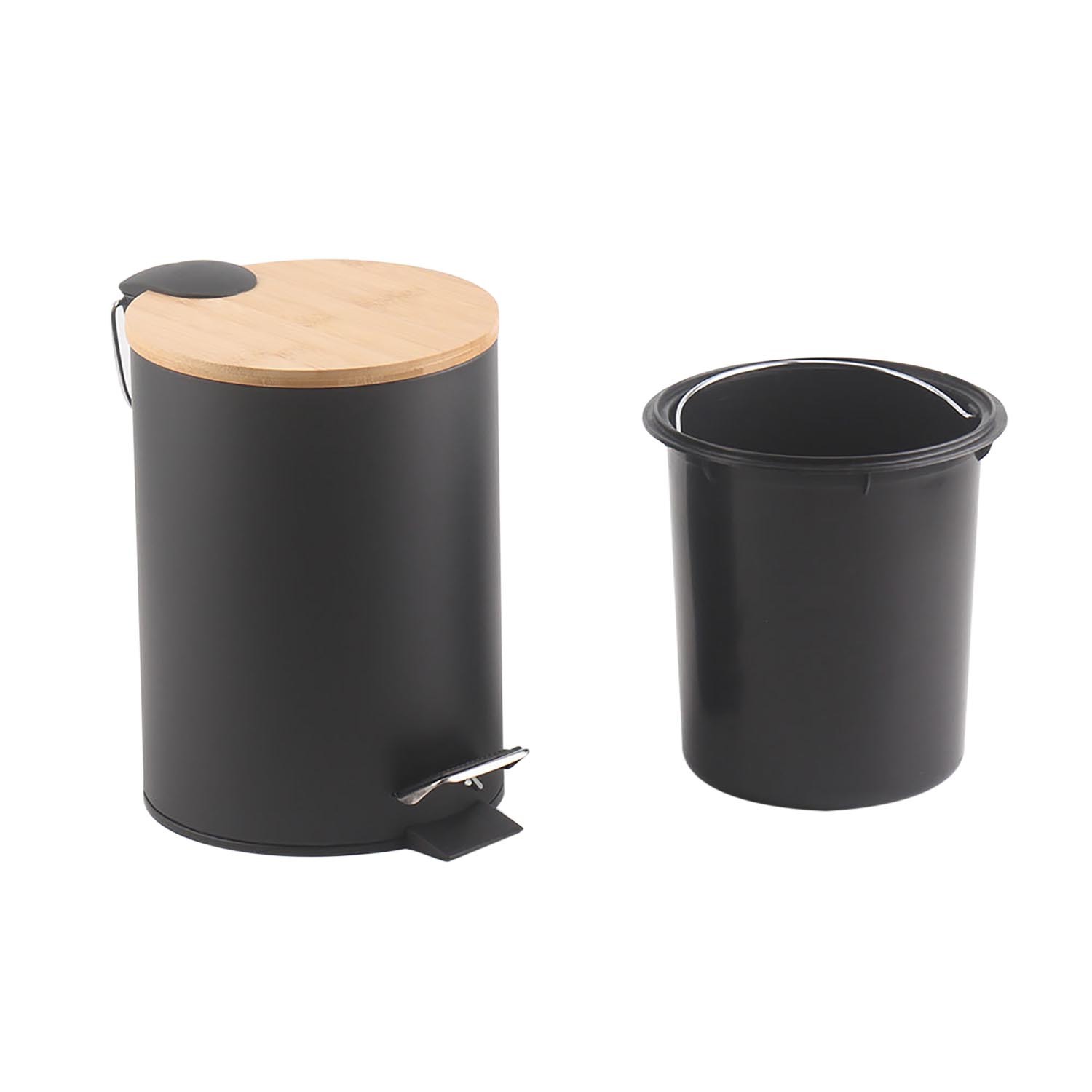 Black Bathroom Bin with Bamboo Lid 3L Image 3