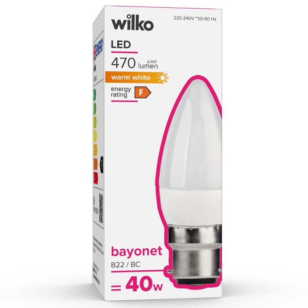 Wilko 1 Pack Bayonet B22/BC LED 470 Lumens Candle Light Bulb Image 1