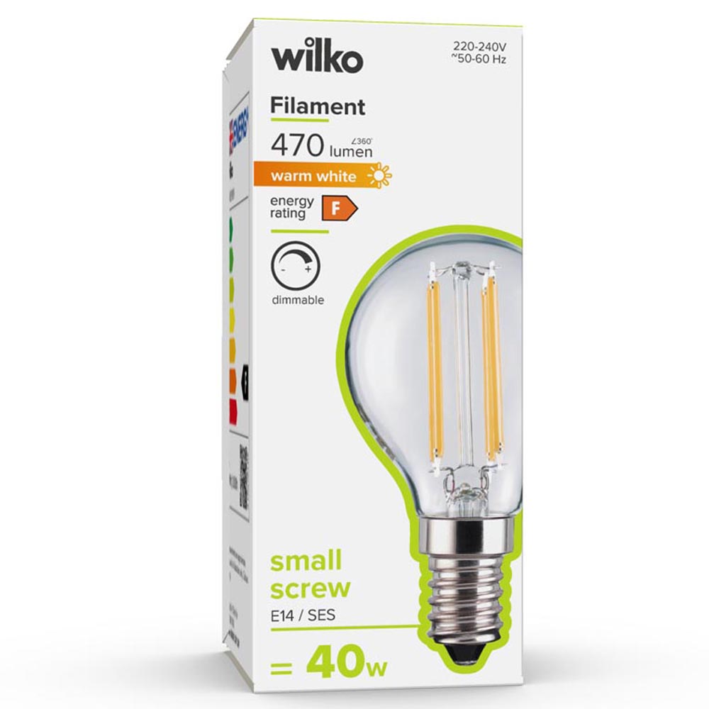 Wilko 1 Pack Small Screw E14/SES LED Filament 470 Lumens Round Dimmable Light Bulb Image 1