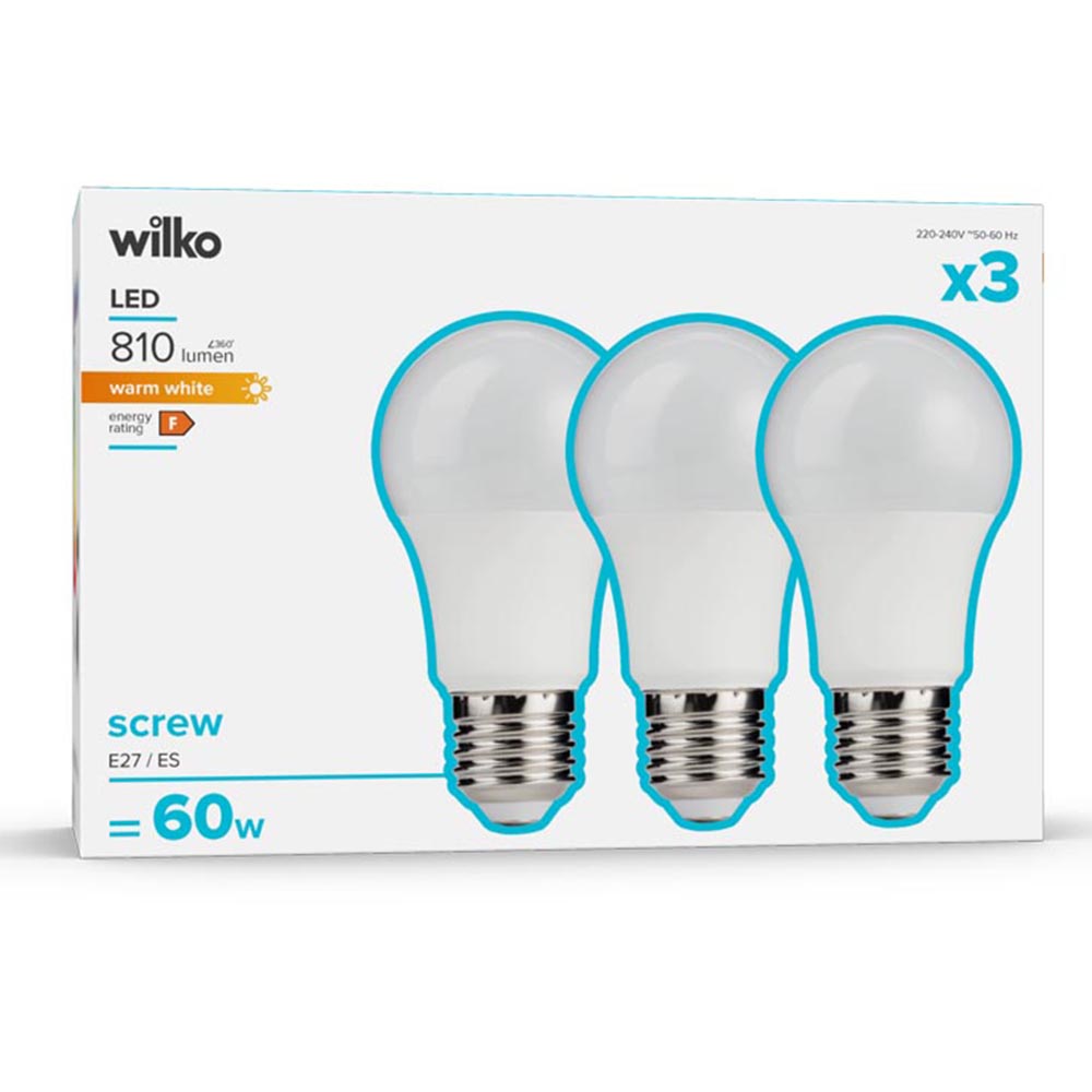 Wilko 3 Pack Screw E27/ES LED 810 Lumens Light Bulb Image 1