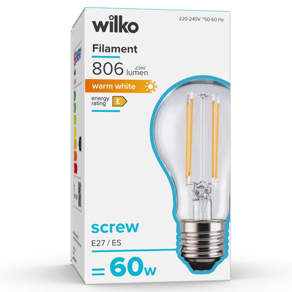 Wilko 1 Pack Screw E27/ES LED Filament 806 Lumens Standard Light Bulb Image 1