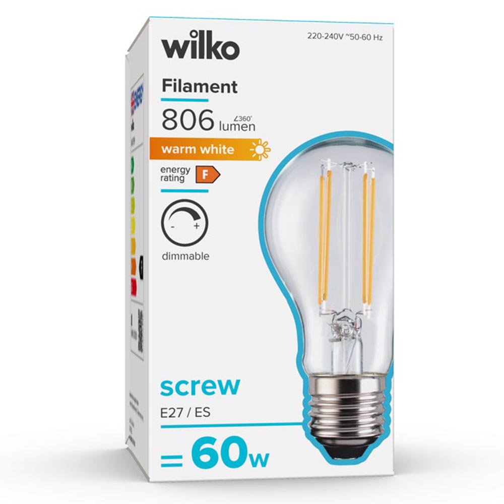 Wilko 1 Pack Screw E27/ES LED Filament 806 Lumens Standard Dimmable Light Bulb Image 1