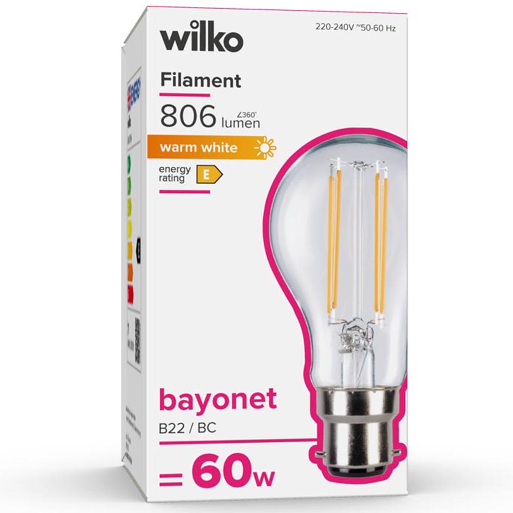 Wilko 1 Pack Bayonet B22/BC LED Filament 806 Lumens Standard Light Bulb Image 1