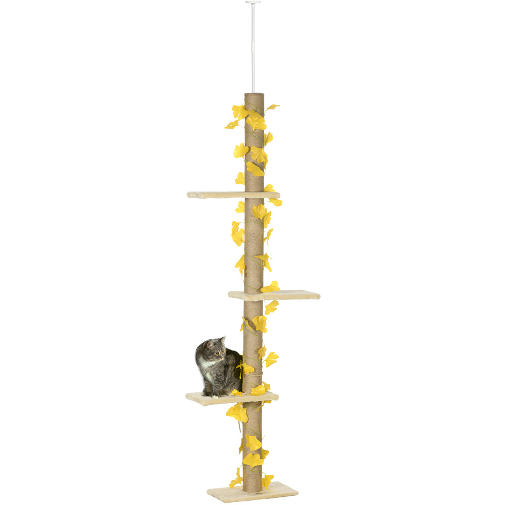 PawHut 242cm Yellow Adjustable Floor-To-Ceiling Cat Tower Image 1