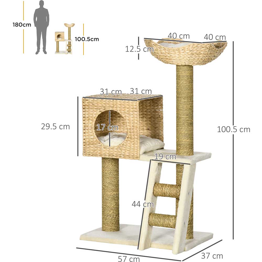 PawHut Cat Tree Kitten Cattail Weave Tower with Scratching Post Image 9