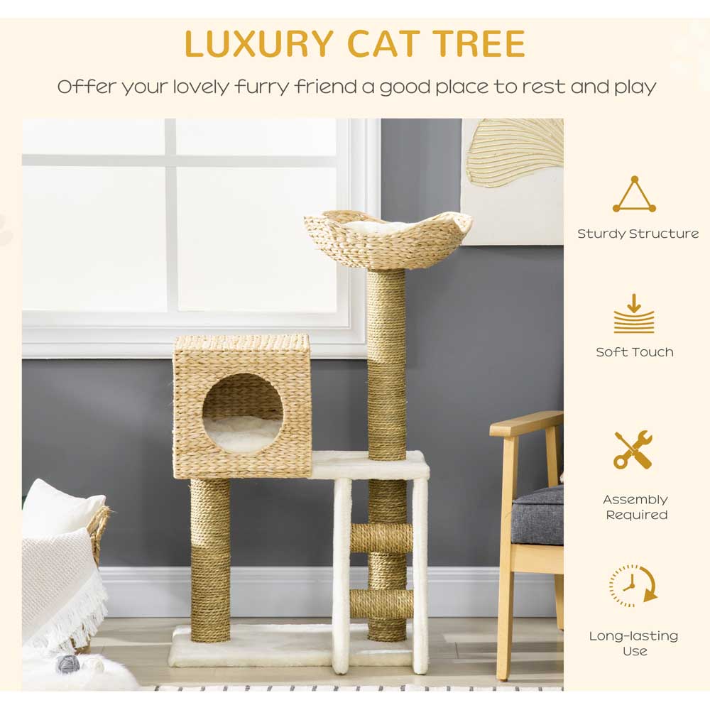 PawHut Cat Tree Kitten Cattail Weave Tower with Scratching Post Image 5