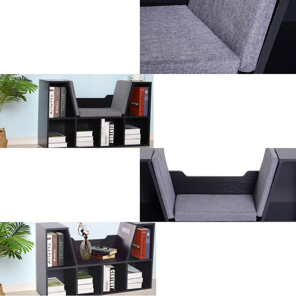 HOMCOM 6 Shelf Black Bookcase with Cushioned Reading Seat Image 3
