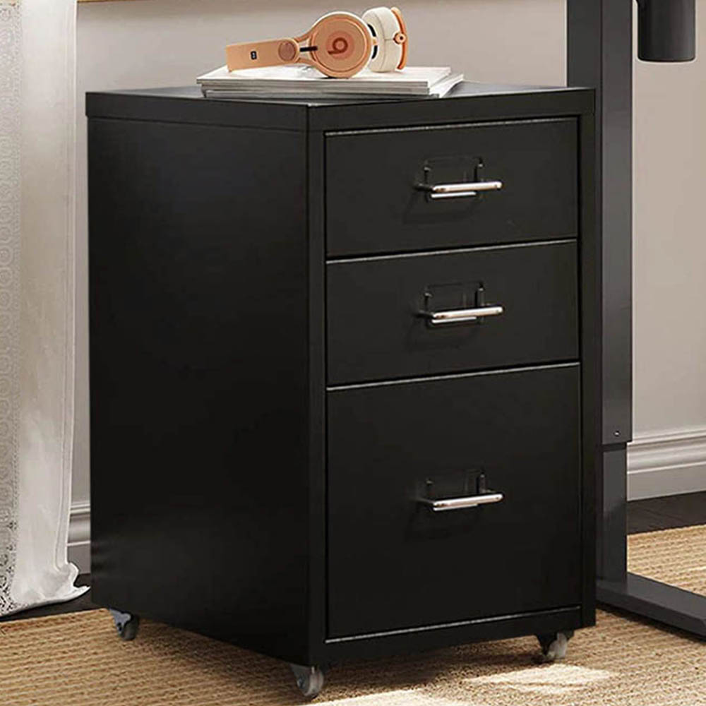 Living and Home Black 3 Tier Vertical File Cabinet with Wheels Image 1
