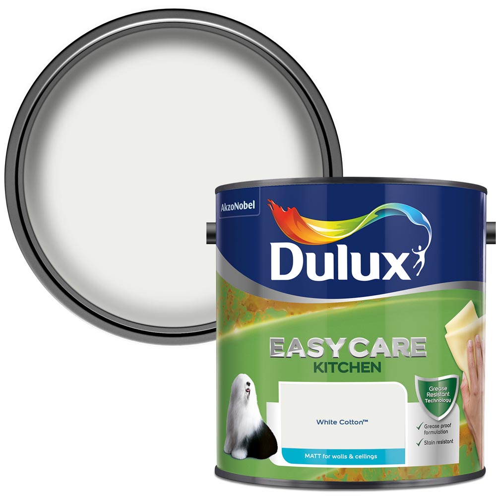 Dulux Easycare Kitchen White Cotton Matt Emulsion Paint 2.5L Image 1