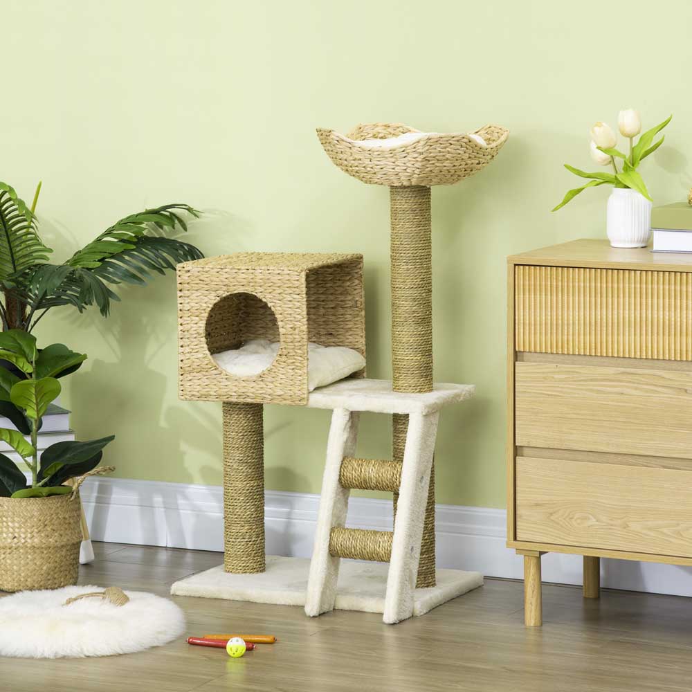 PawHut Cat Tree Kitten Cattail Weave Tower with Scratching Post Image 4