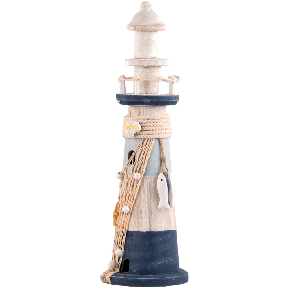 Blue and White Woodwash Lighthouse Decoration Ornament Image 1