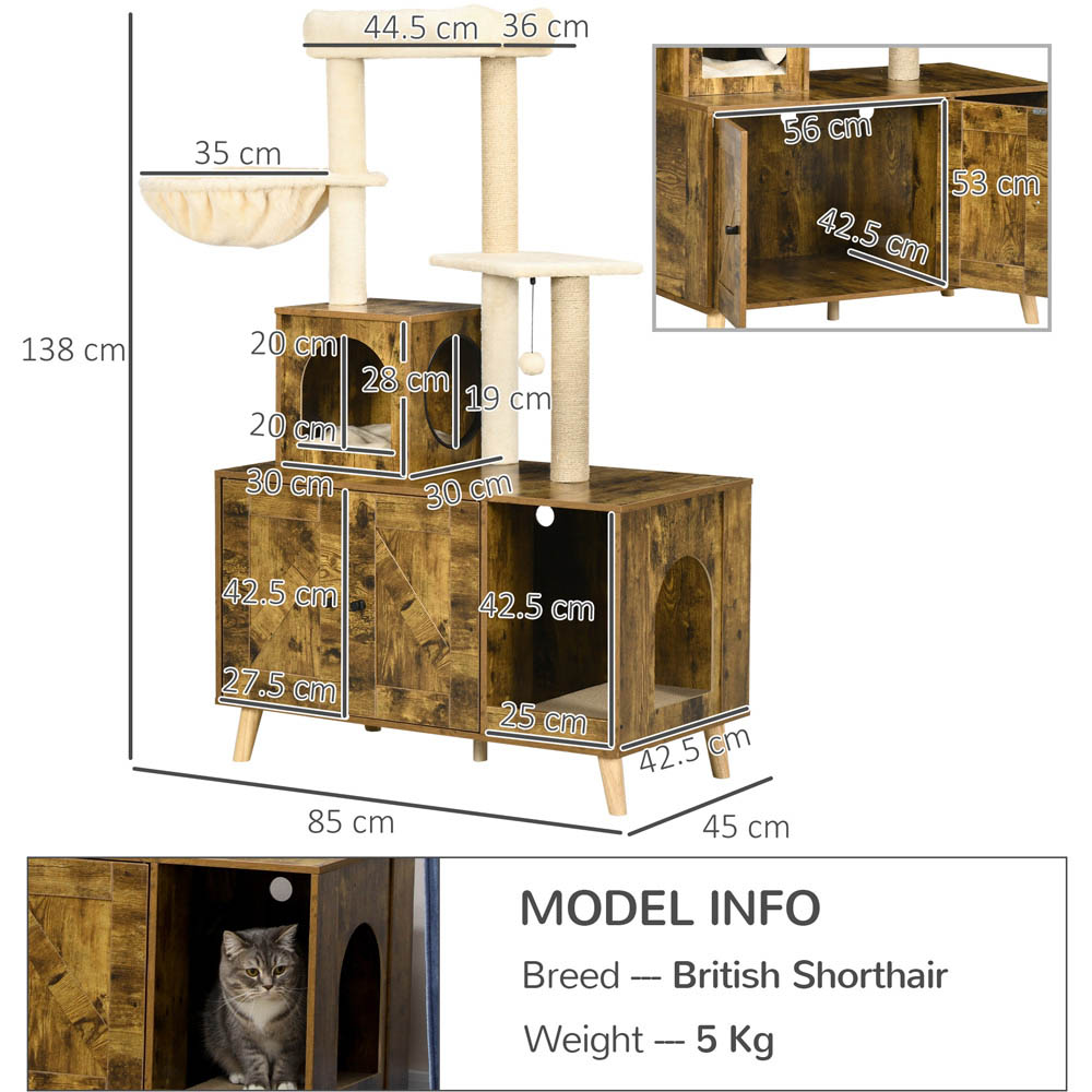 PawHut Enclosure Brown Cat Litter Box Enclosure With Tree Tower 85 x 45 x 138cm Image 8