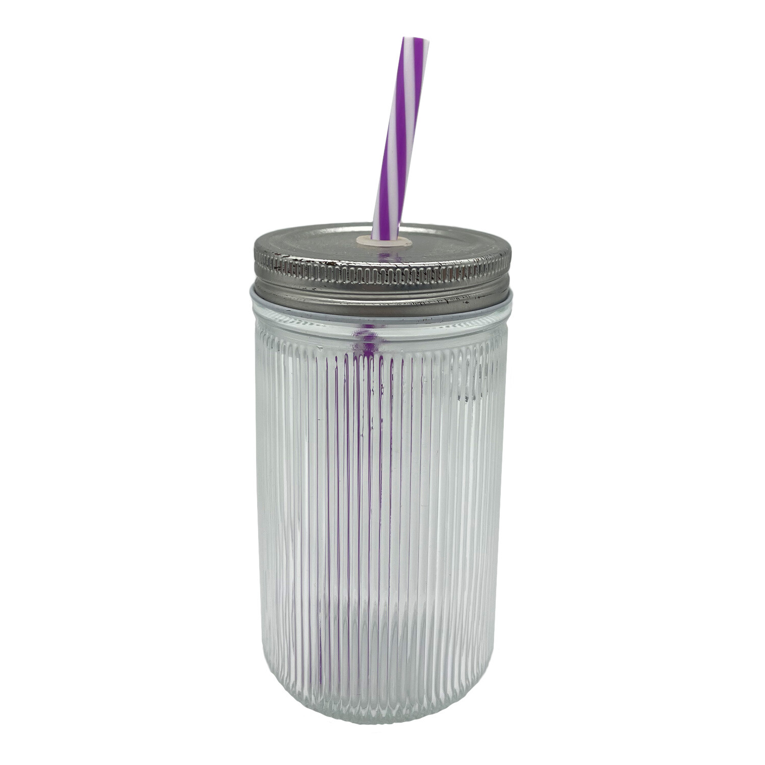 Ribbed Glass Bottle Metal Lid & Straw - Clear Image