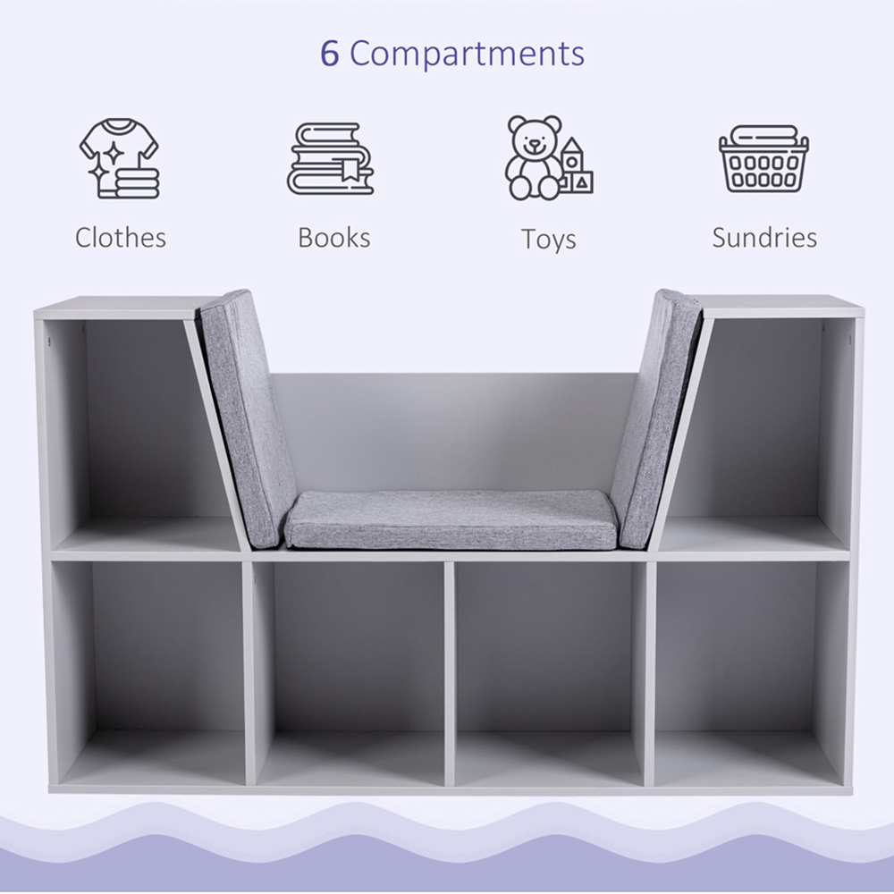 HOMCOM 6 Shelf Grey Kids Bookcase with Cushioned Reading Seat Image 6