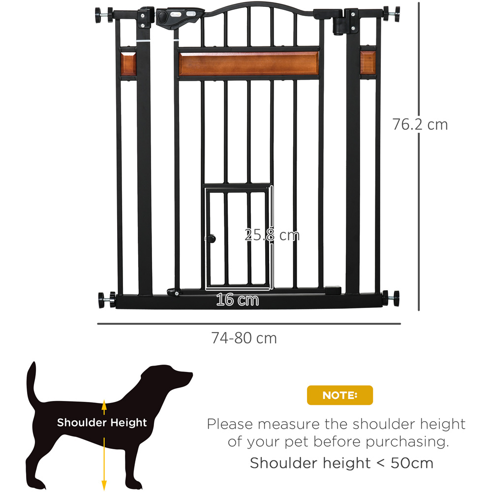 PawHut Black 74-80cm Pine and Metal Pet Safety Gate with Cat Door Image 8