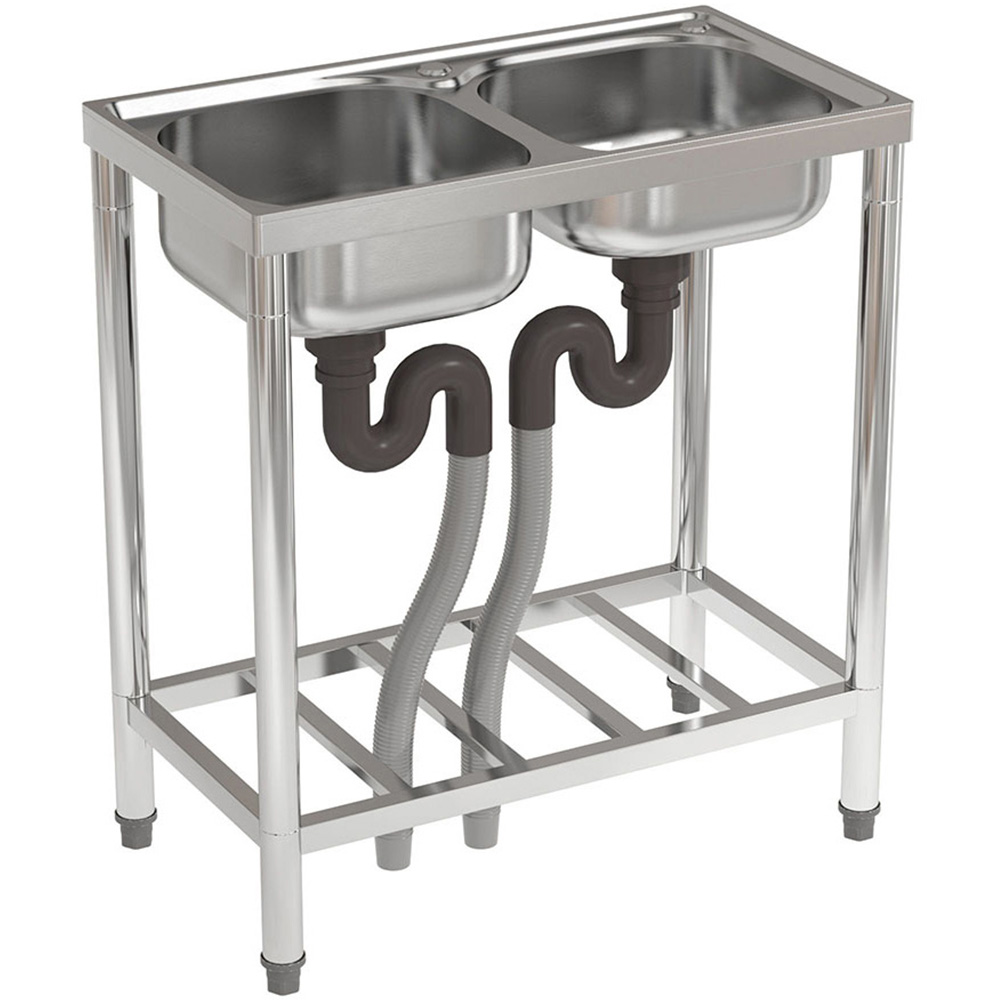Living and Home Chrome 2 Compartment Metal Sink with Shelf 80 x 71cm Image 1