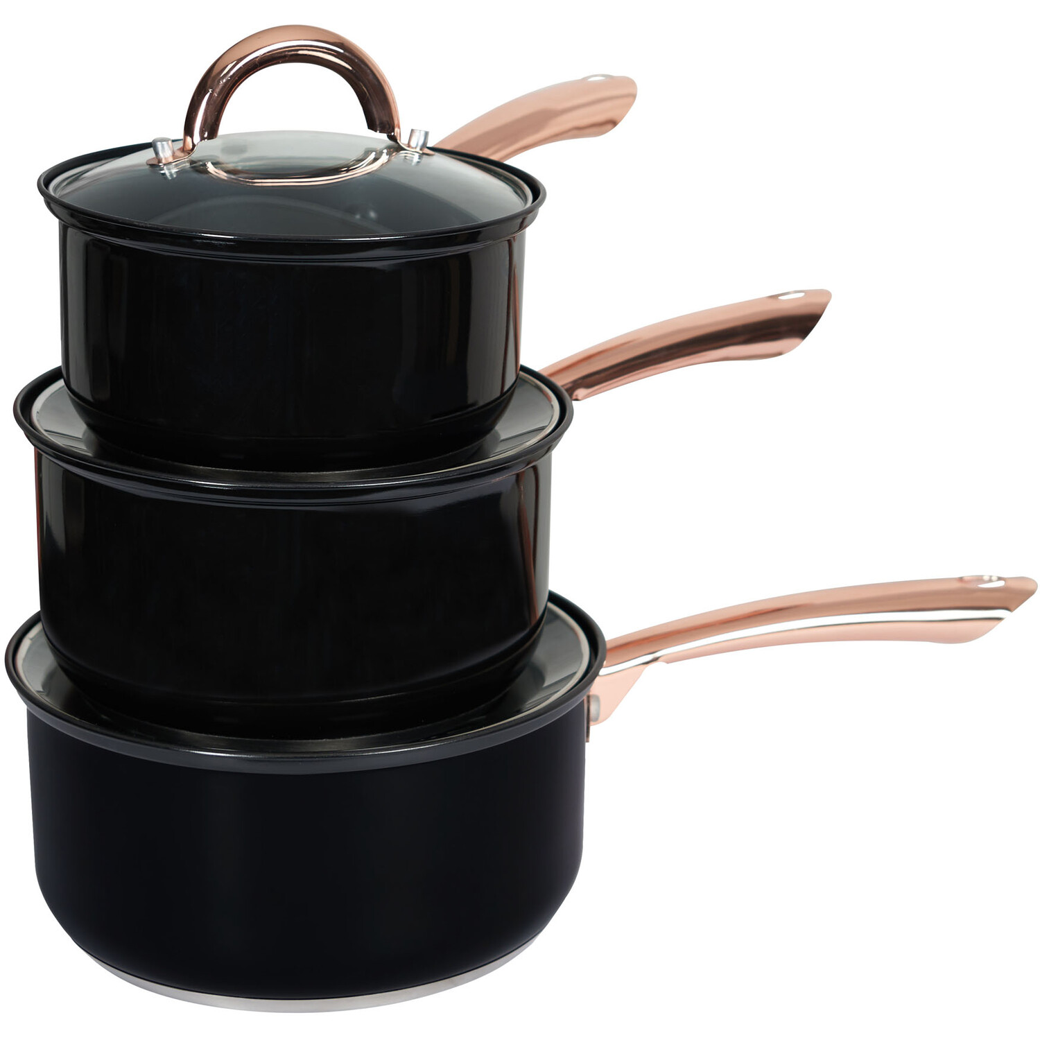 Brooklyn Black and Rose Gold Stainless Steel Non-Stick Saucepan Set of 3 Image 1