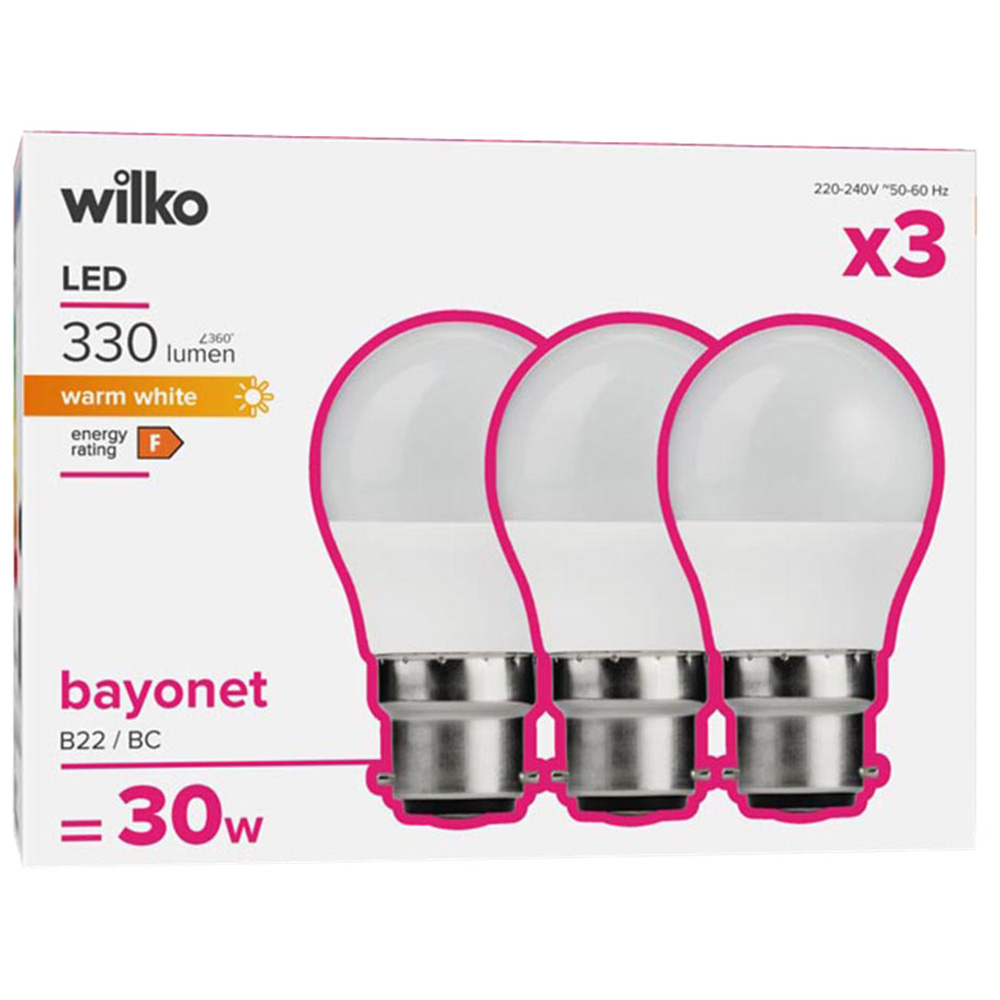 Wilko 3 Pack Bayonet B22/BC LED 330 Lumens Round Light Bulb Image 1