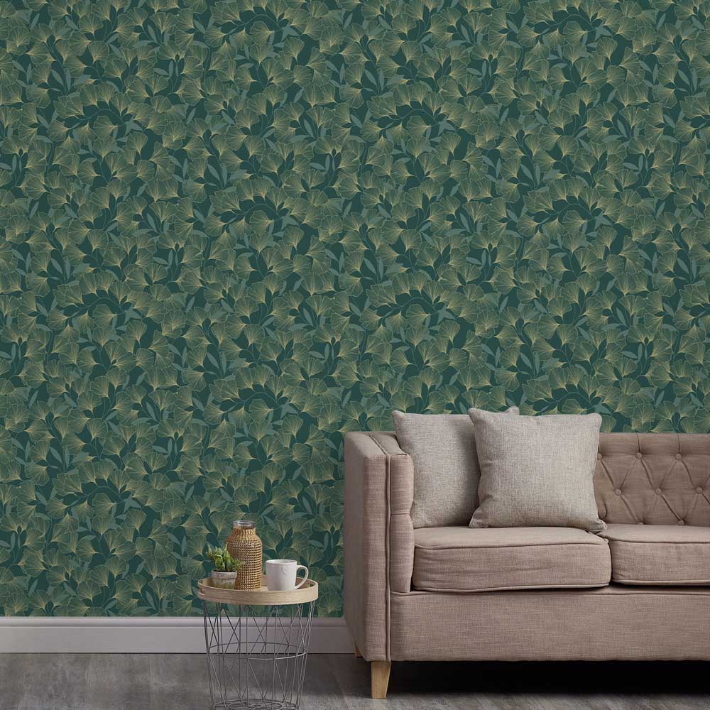 Grandeco Metallic Gingko Leaf Green Textured Wallpaper Image 3