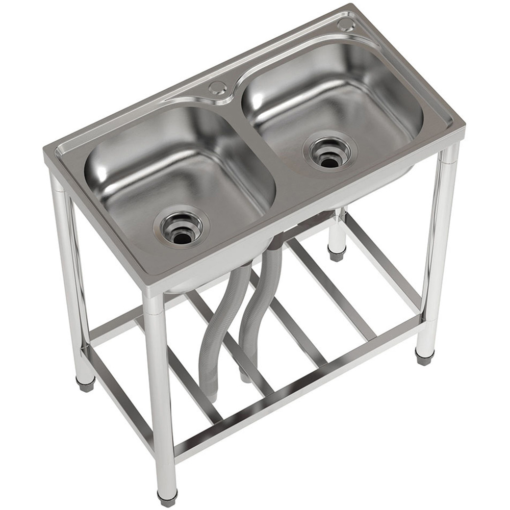 Living and Home Chrome 2 Compartment Metal Sink with Shelf 80 x 71cm Image 3