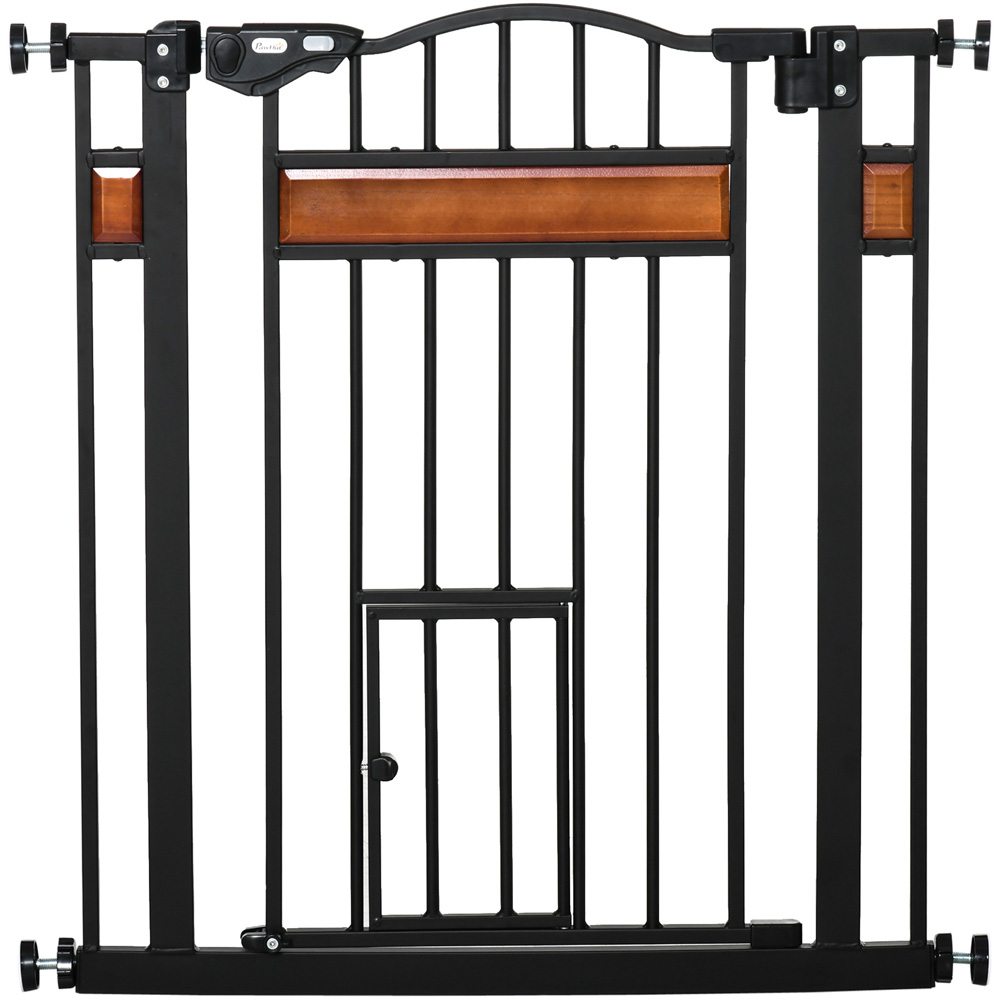 PawHut Black 74-80cm Pine and Metal Pet Safety Gate with Cat Door Image 1