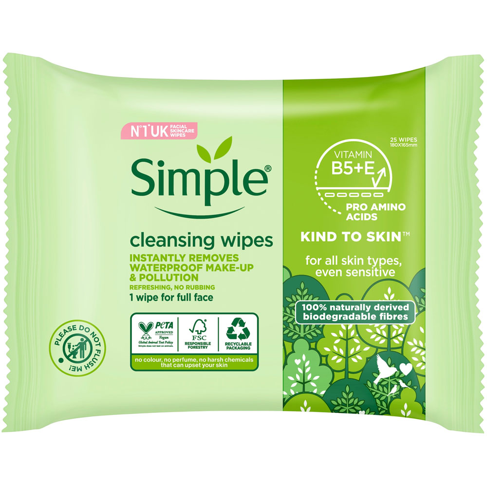 Simple Biodegradable Cleansing Wipes 25 Wipes Image 1