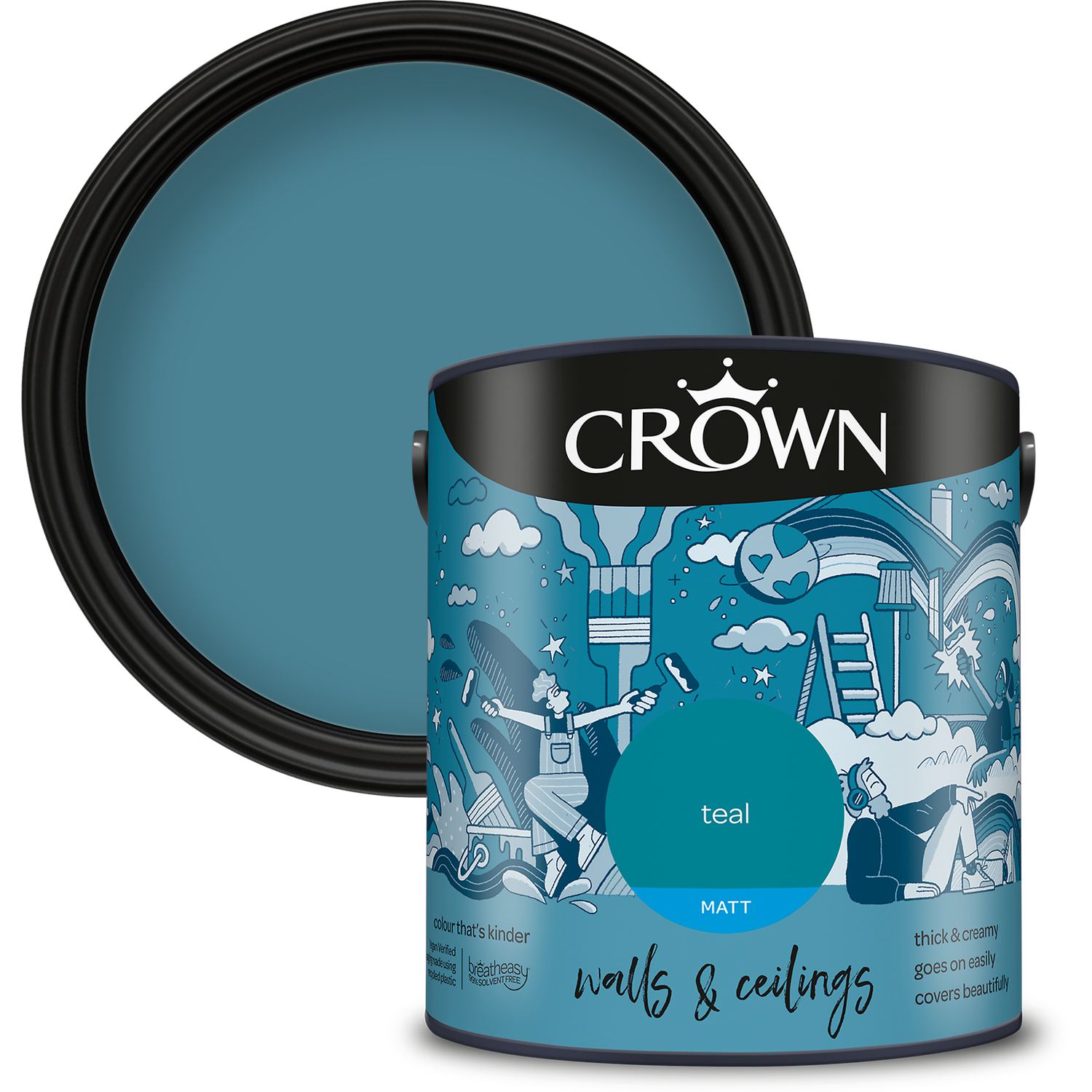 Crown Wall and Ceilings Teal Matt Emulsion 2.5L Image 1