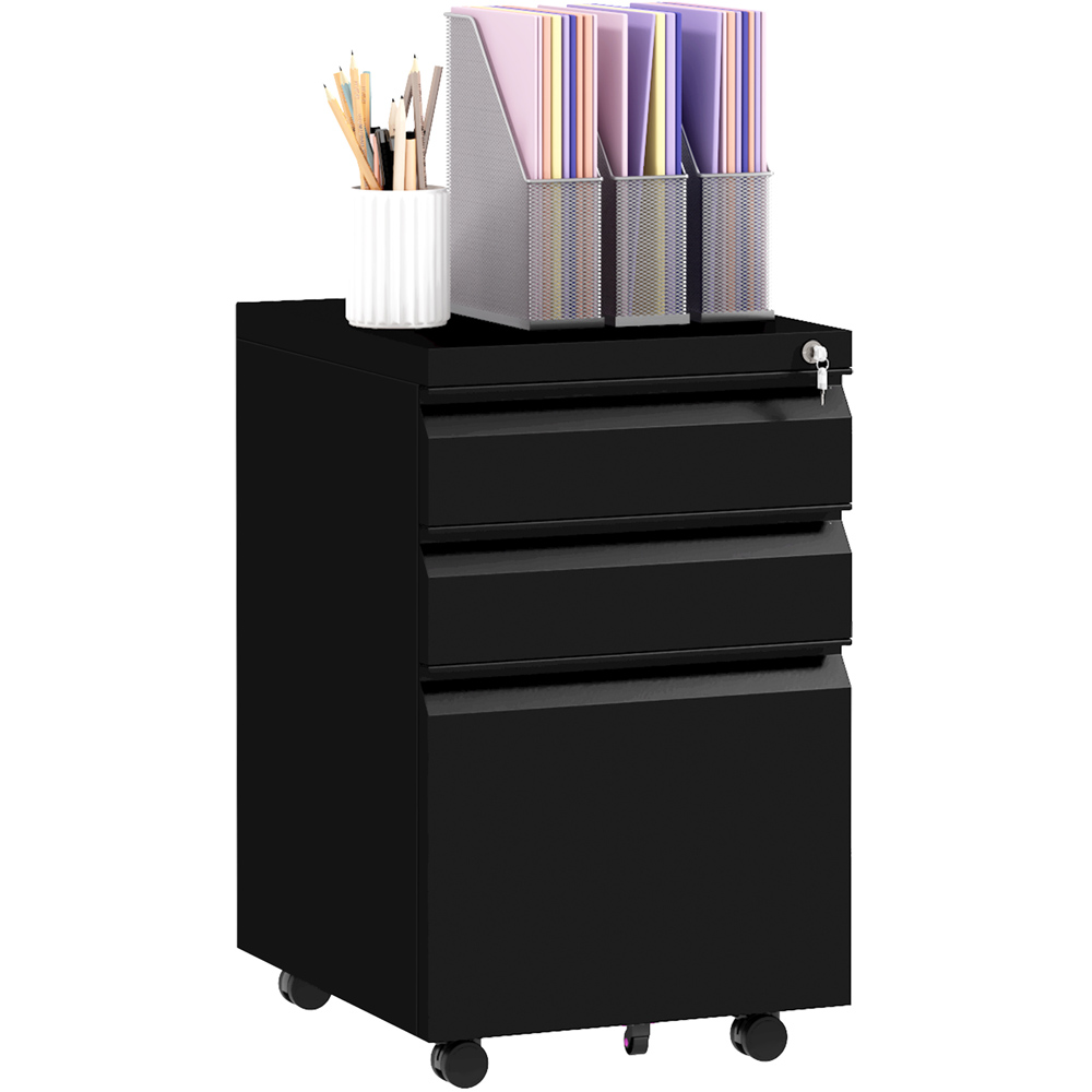 Portland Vinsetto 3 Drawer Black Mobile Filing Cabinet on Wheels with Pencil Tray Image 2