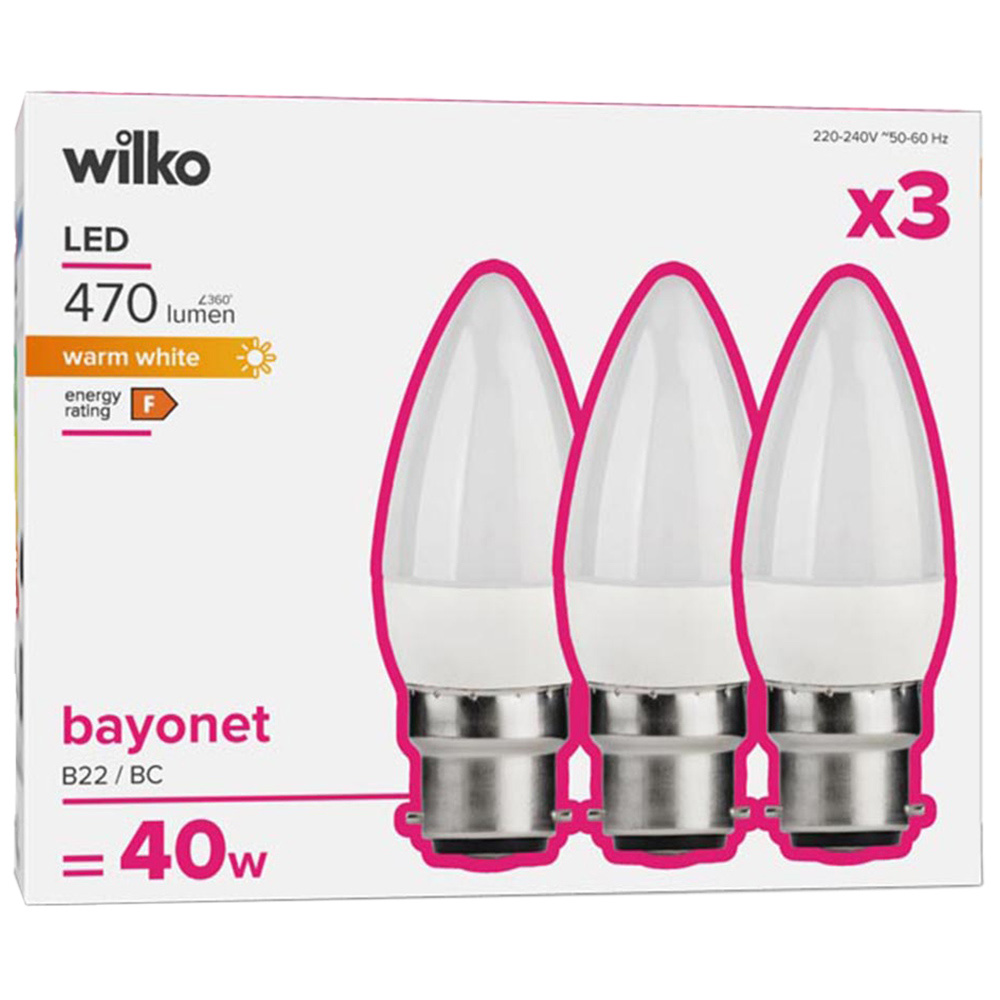Wilko 3 Pack Bayonet B22/BC LED 470 Lumens Candle Light Bulb Image 1