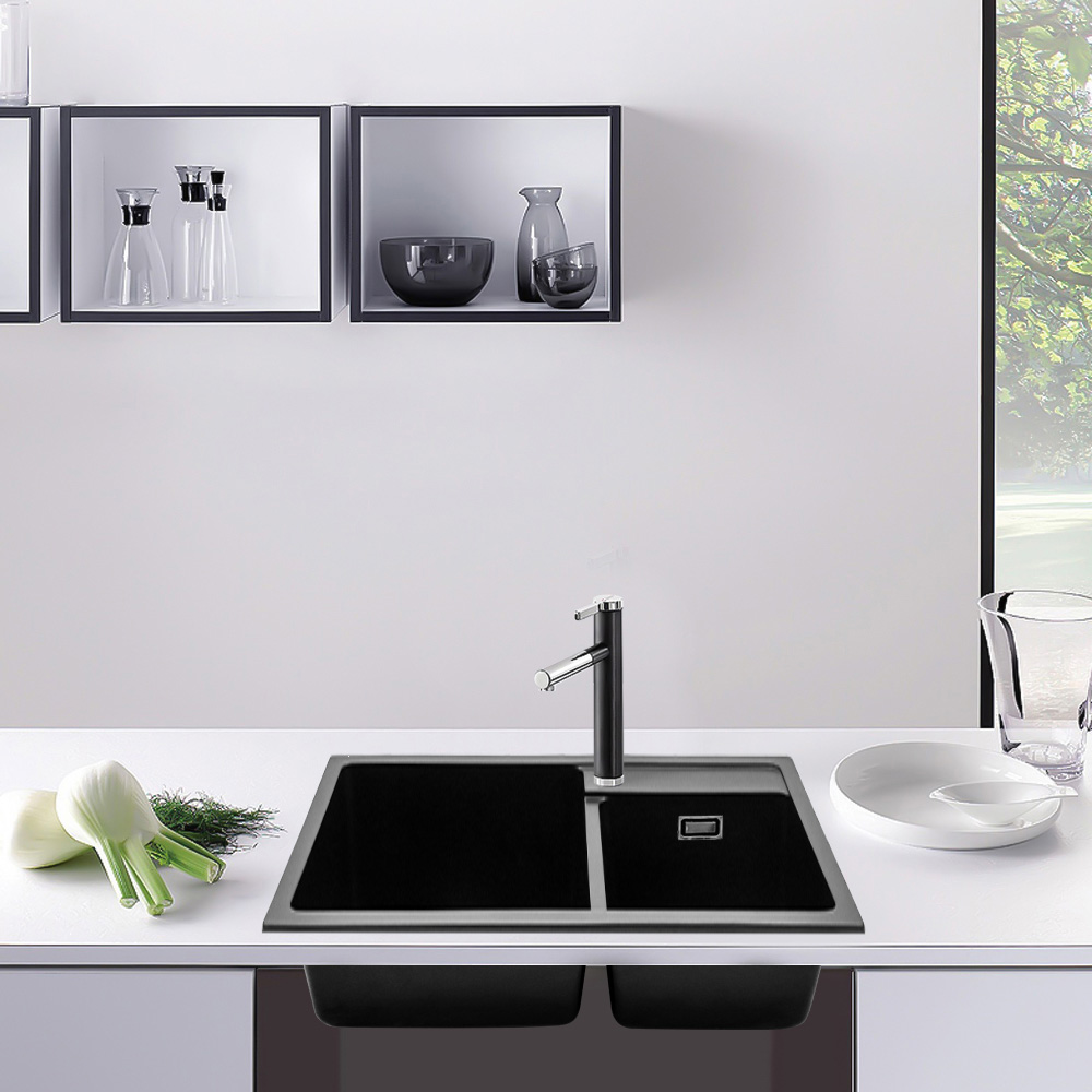Living and Home Black Double Bowl Quartz Kitchen Sink 86 x 46cm Image 7