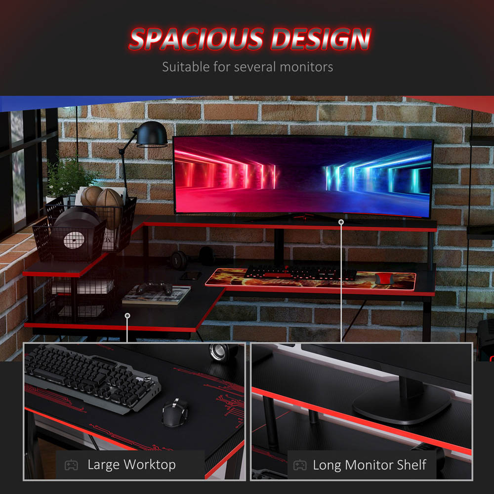 Portland L-Shaped 2 Tier Gaming Desk  Black and Red Image 6