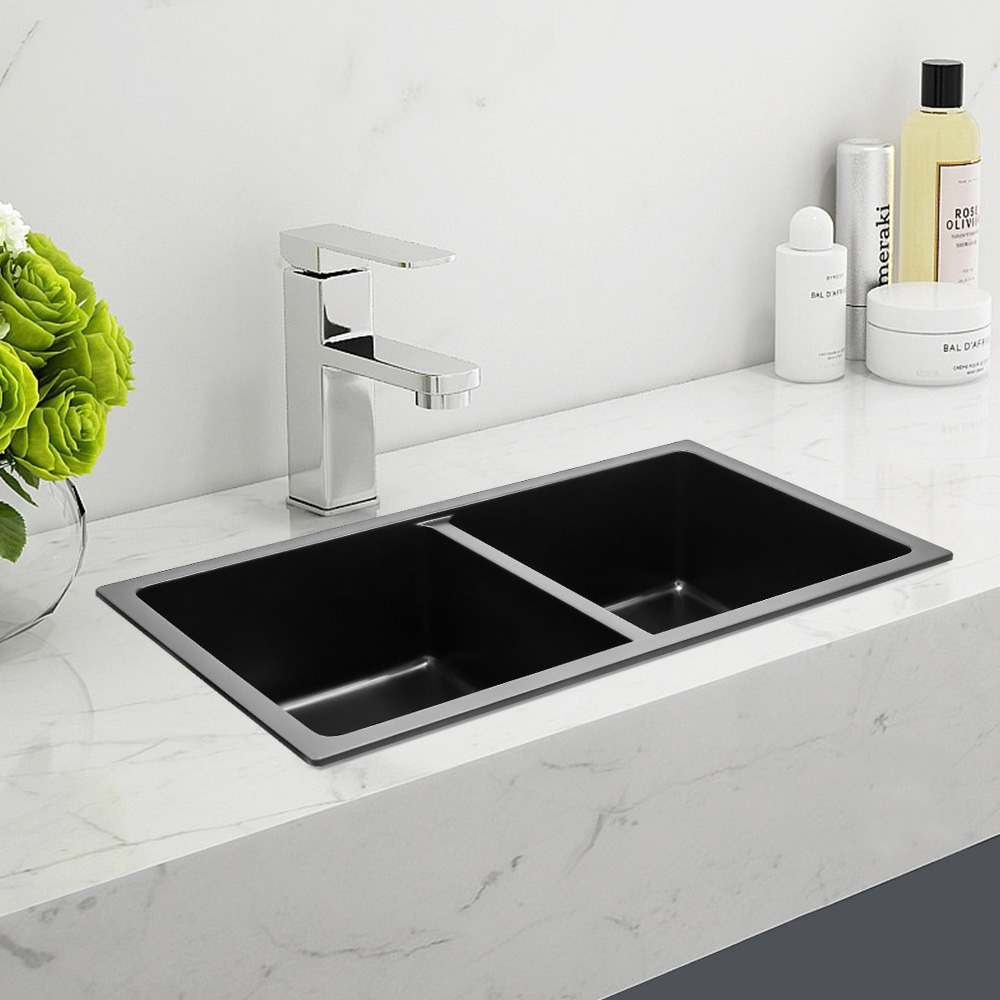 Living and Home Black Double Undermount Kitchen Sink Bowl 83.5 x 48cm Image 5