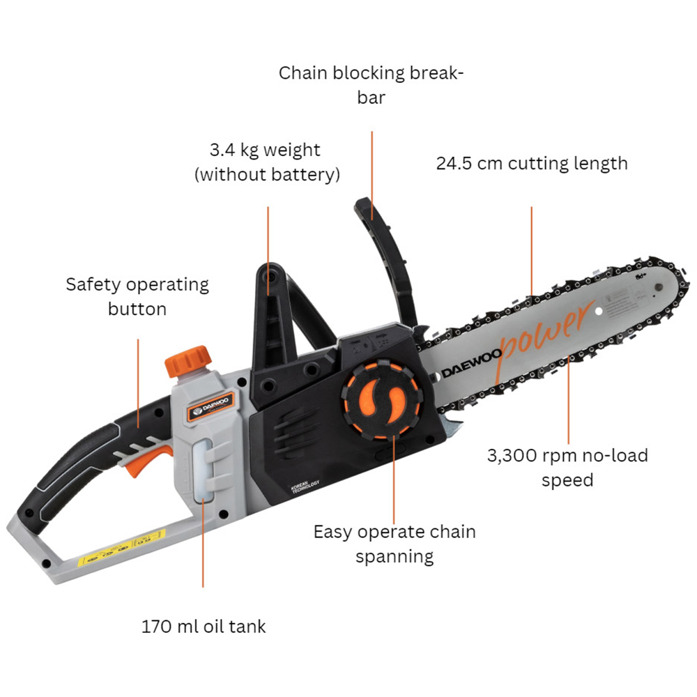 Daewoo U-Force Cordless Chainsaw with 2 x 2.0Ah Battery Charger 25cm Image 7