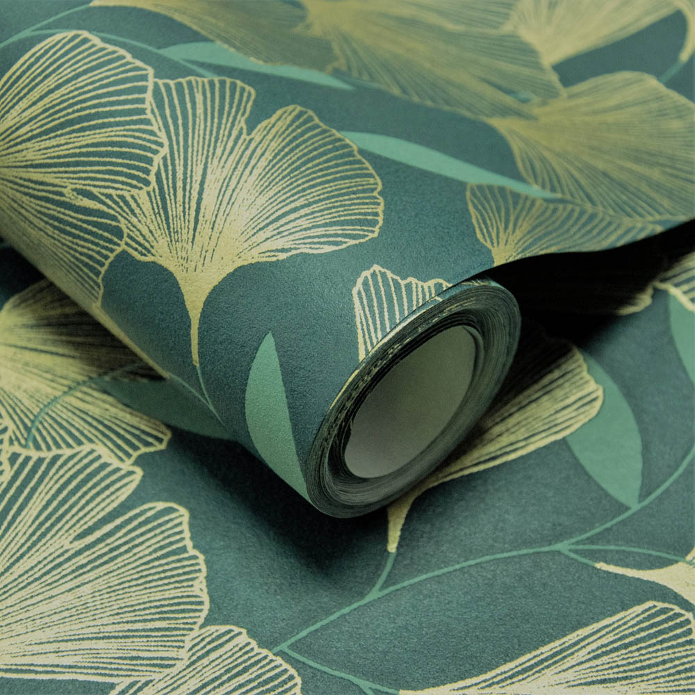 Grandeco Metallic Gingko Leaf Green Textured Wallpaper Image 2