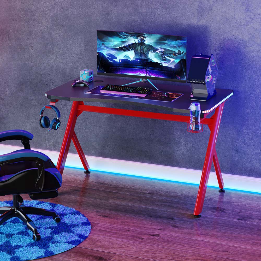 Portland LED Gaming Desk with Cup Holder Black and Red Image 3