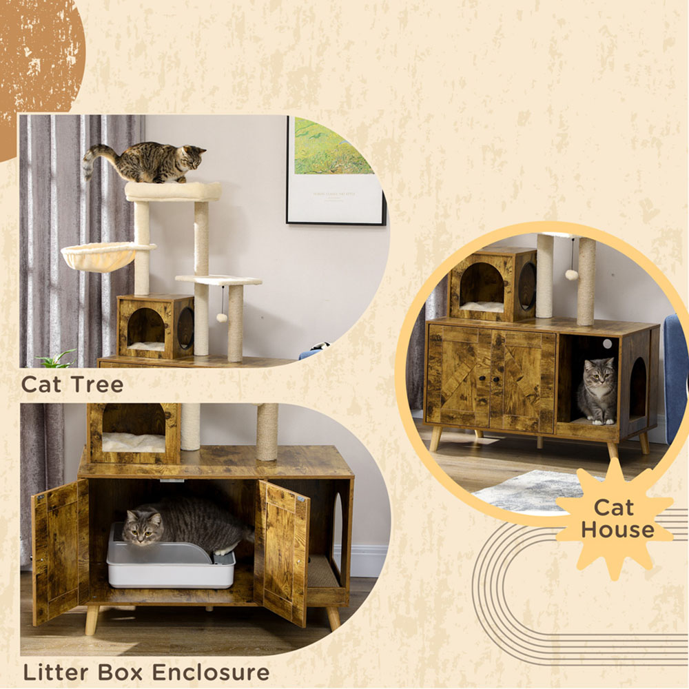 PawHut Enclosure Brown Cat Litter Box Enclosure With Tree Tower 85 x 45 x 138cm Image 3