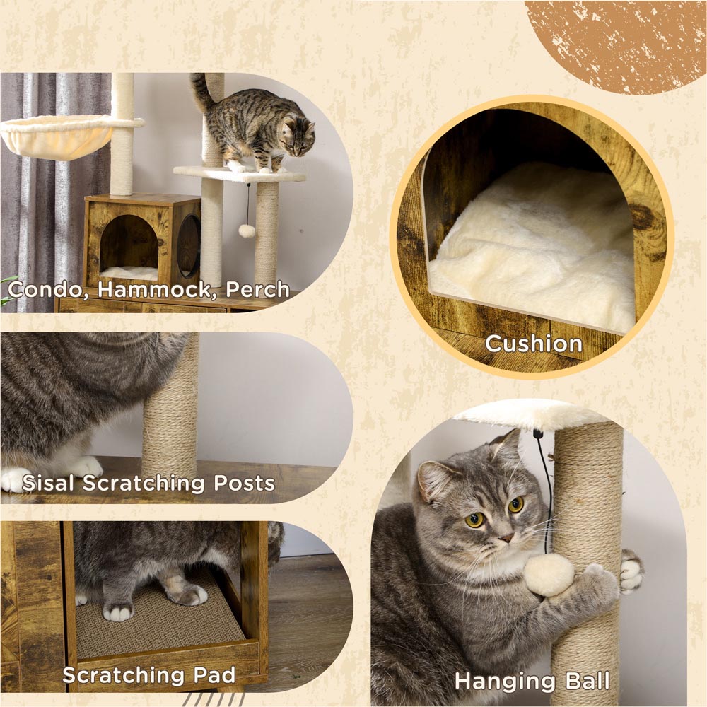 PawHut Enclosure Brown Cat Litter Box Enclosure With Tree Tower 85 x 45 x 138cm Image 4