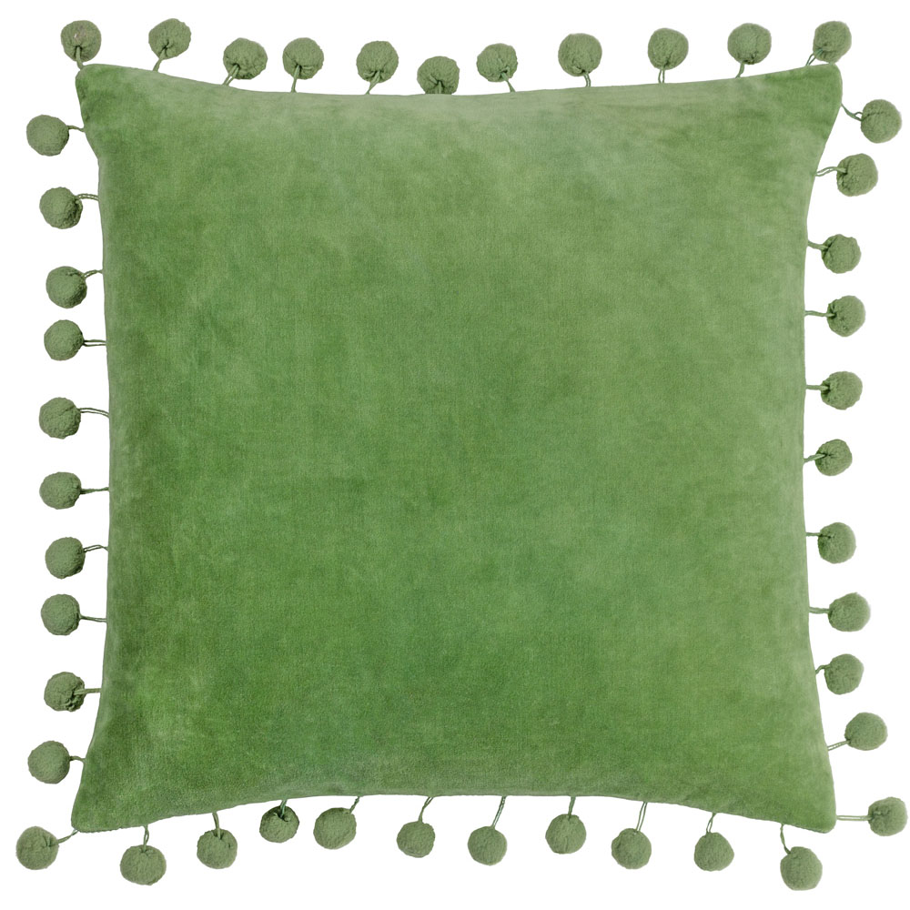 furn. Dora Square Leaf Green Velvet Pom Pom Cushion Image 1