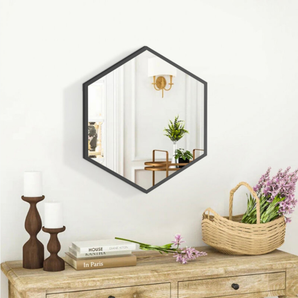 Living And Home CD0553 Black Metal Hexagon Shaped Wall Mounted Make-Up Mirror Image 5