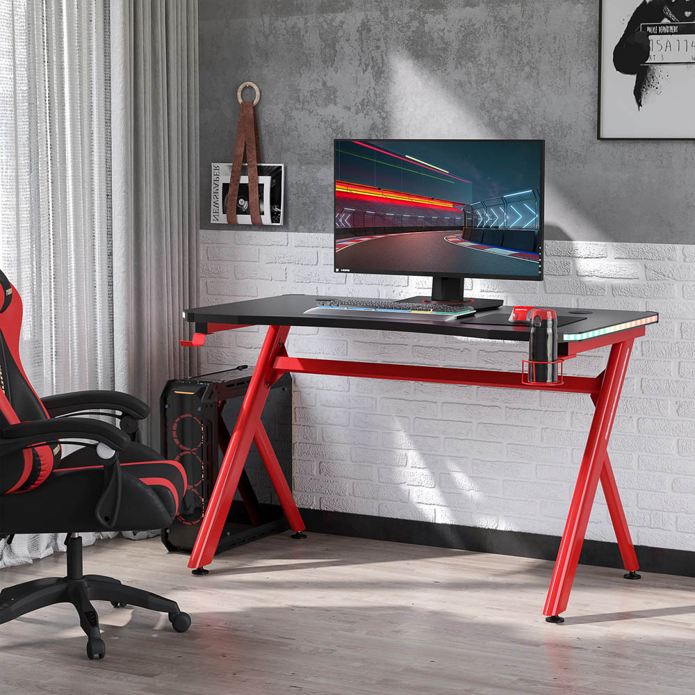 Portland LED Gaming Desk with Cup Holder Black and Red Image 4