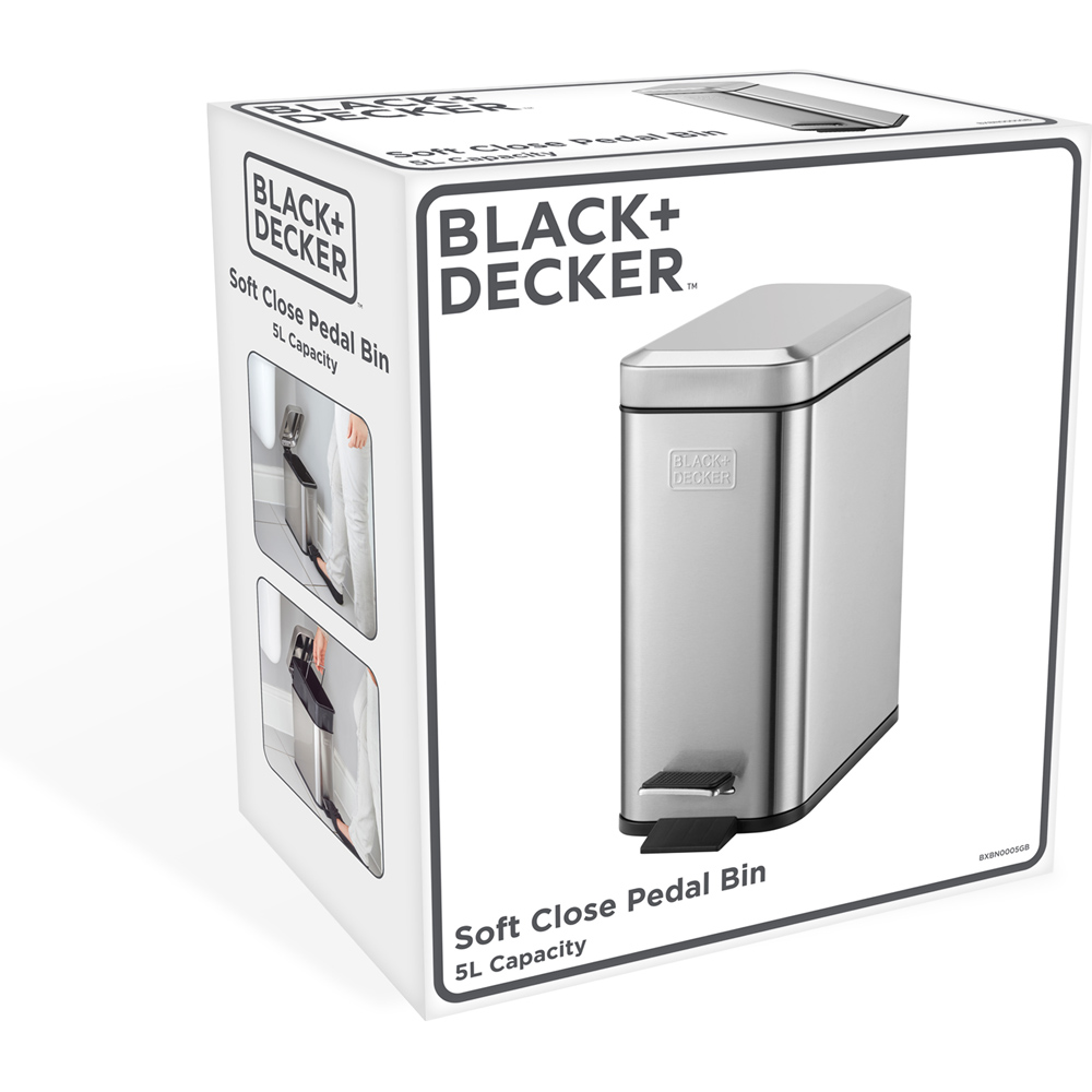 Black + Decker Stainless Steel Slimline Soft Close Pedal Bin 5L Image 4