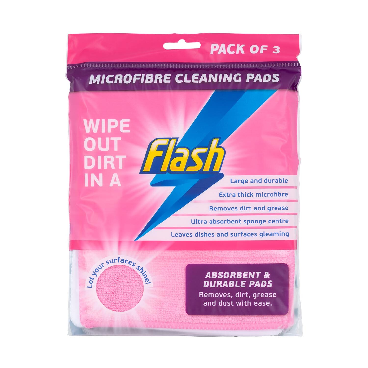 Pack of 3 Flash Pink Microfibre Cleaning Pads - Pink Image 1